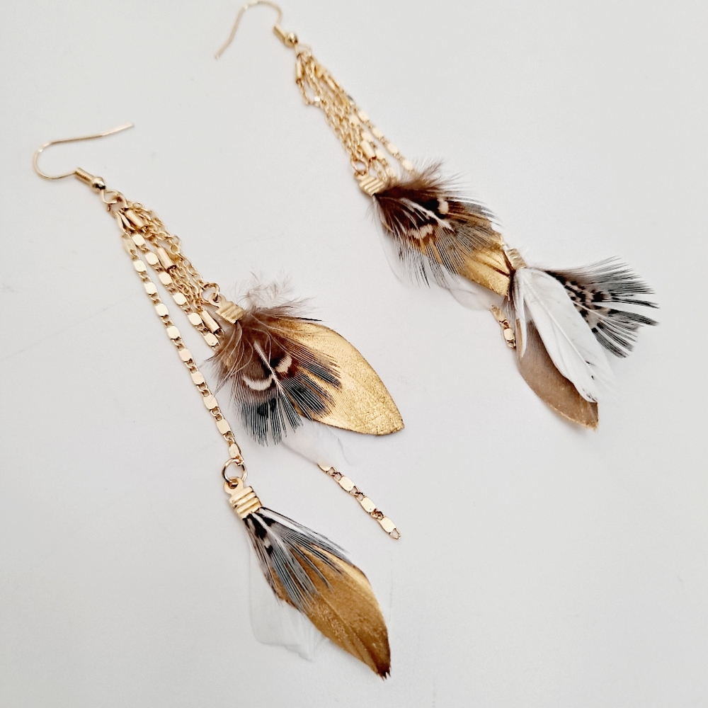 Women's long boho Gold tassel drop multicolor feather earrings 2/$30 - Picture 12 of 12